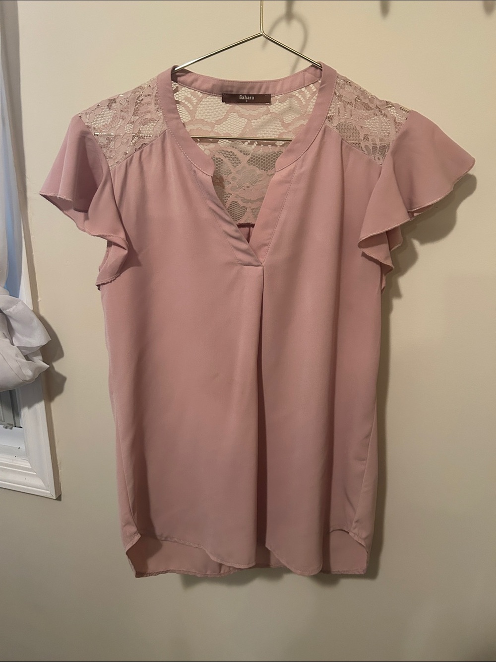 Pink Lace-Trim Flutter Sleeve Blouse size small- one small spot as shown